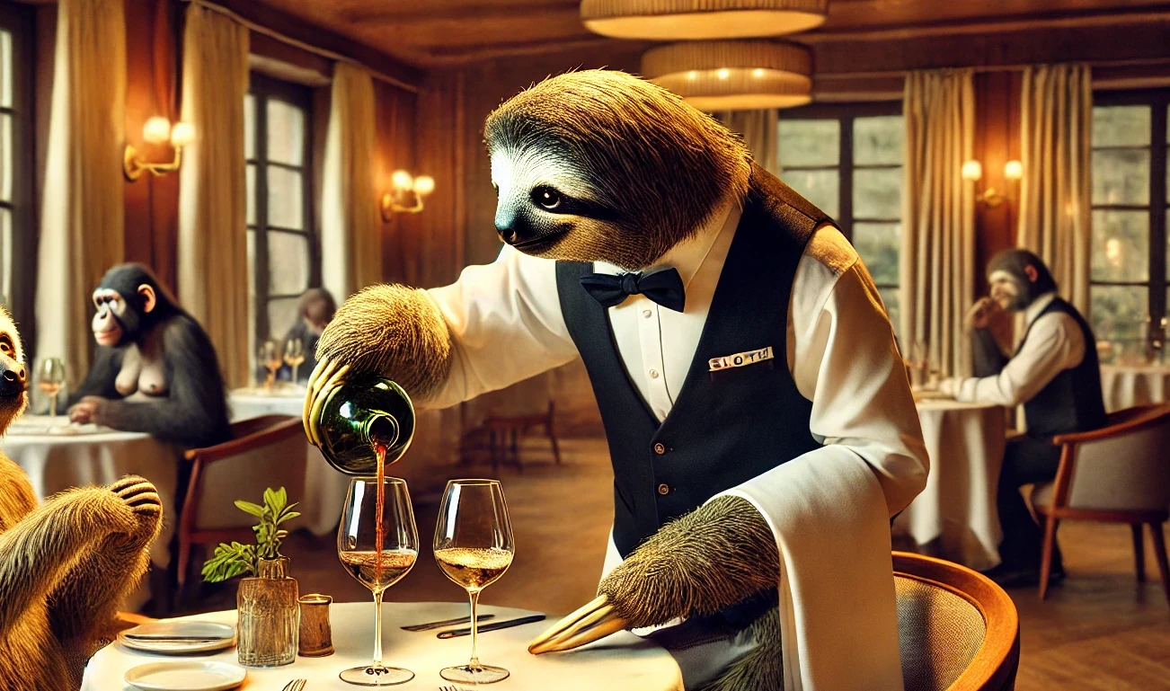 Sloth pouring glass of wine